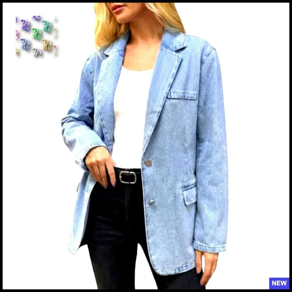 Oversized Denim Blazer Jacket Lightweight Distressed Open Front Chic